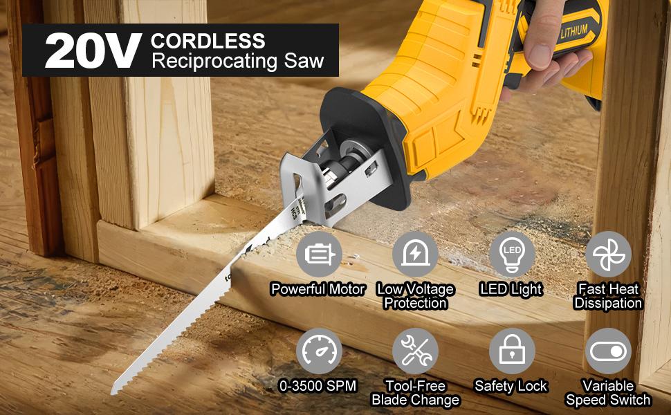 Reciprocating Saw for DeWalt 20V Battery, 3 Variable Speed, Brushless Tool-Free Blade Change, 4 Saw Blades for Metal Wood PVC Cutting