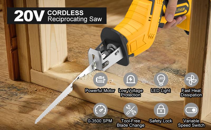 Reciprocating Saw for DeWalt 20V Battery, 3 Variable Speed, Brushless Tool-Free Blade Change, 4 Saw Blades for Metal Wood PVC Cutting