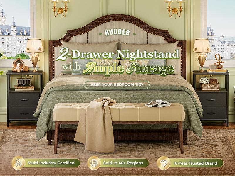 Huuger Night Stand with 2 Drawers, Bed Side Table with Open Shelf, Wooden Top, End Table for Small Space, Bedroom, Fabric Drawer Huuger Night Stand with 2 Drawers, Bed Side Table with Open Shelf, Wooden Top, End Table for Small Space, Bedroom, Fabric Drawer