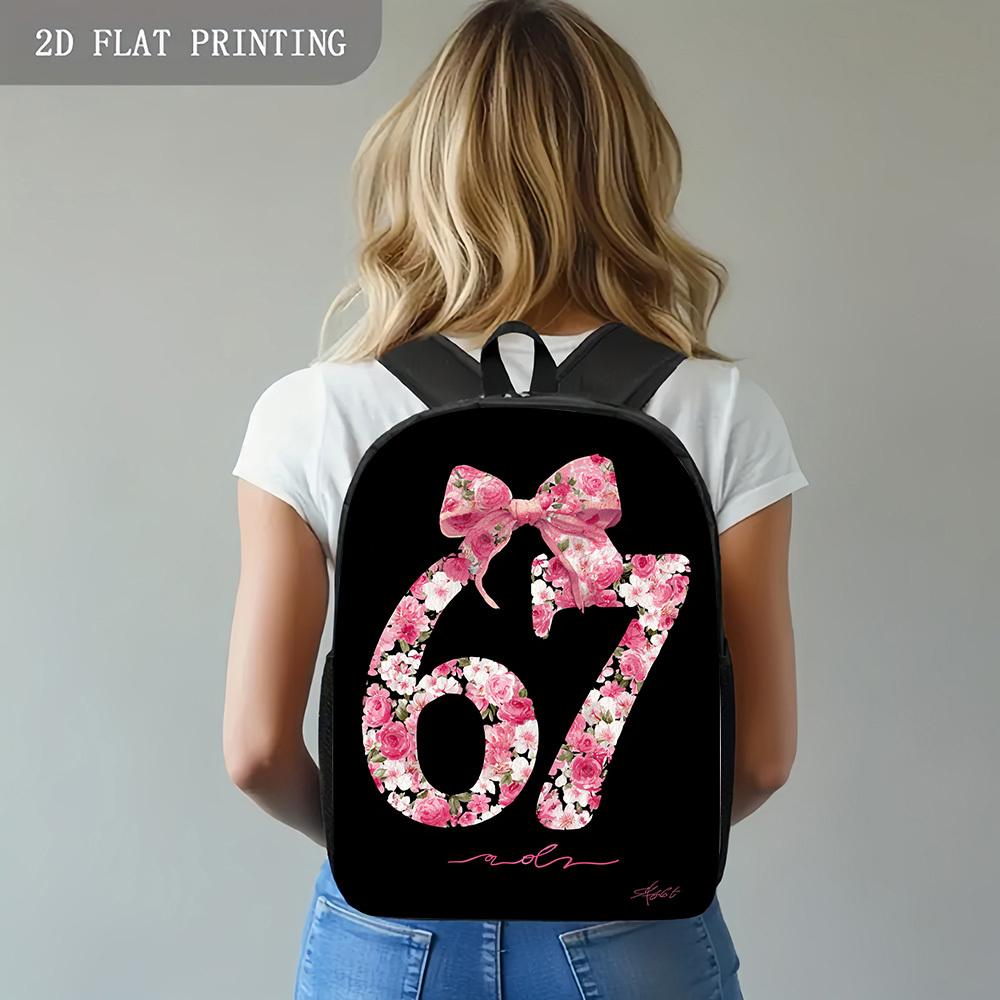 1pc Kawaii Cute Backpack with 67 Number & Pink Rose Bow - Floral Print School Bag, Lightweight Durable Bookbag for Teen, for Back to School, College, Campus, Adjustable Straps & Numbered Design for Identification, for Teenager
