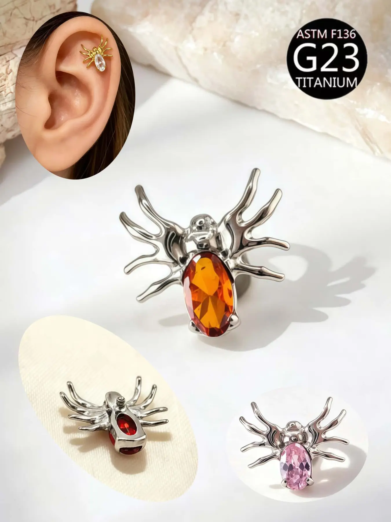 G23 Titanium Zircon Spider Ear Bone Piercing, Punk Gothic Y2K Sweet Cool Girl Jewelry, Screw Back Design, Secure Fit, Multiple Piercing Options