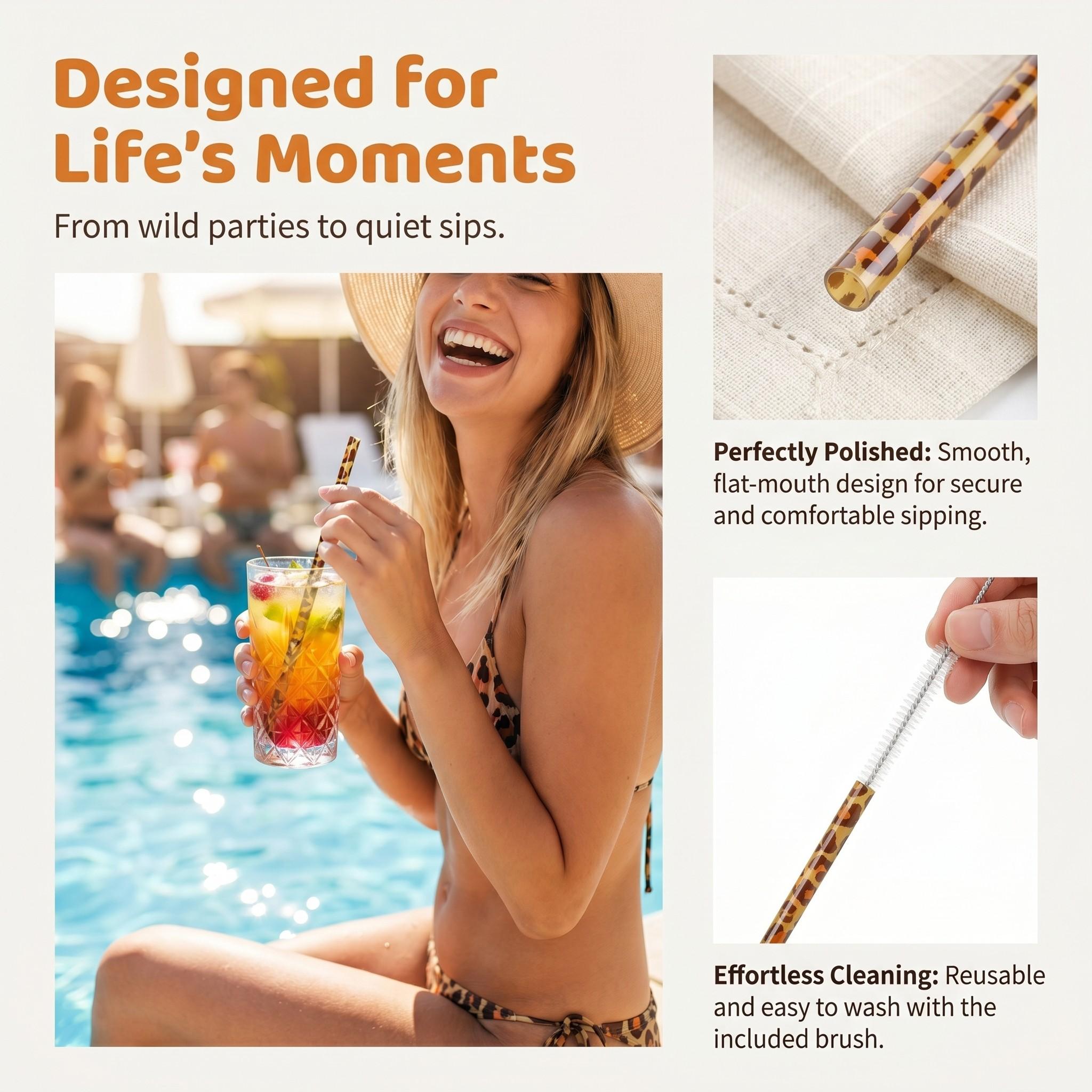 10/20PCS Reusable Leopard Print PP Drinking Straws Set (with 1/2 Brushes), 9-Inch Straws, Durable Easy-to-Clean Smooth-Edge Design for Iced Coffee, Juice, Smoothies, Party & Home Daily Use, Bar Accessories