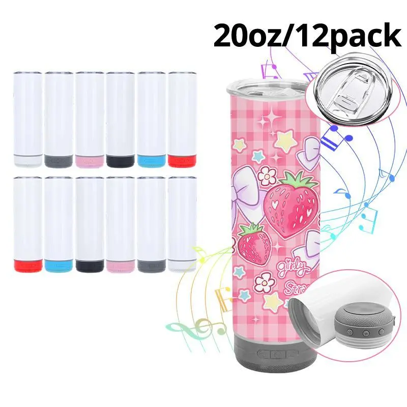 Crafix 12pcs 20oz Sublimation Bluetooth Music Water Bottles - Stainless Steel Double Insulated Speaker Tumblers, Smart Tumbler Plastic Straws Included, Custom Water Bottles, 304 Stainless Steel Tumbler