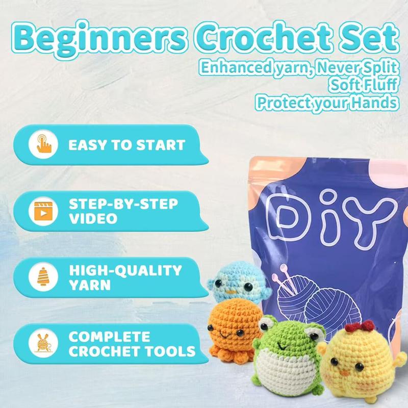 YAMAXIN Animals Crochet Kit with Step-by-Step Video Tutorials, Penguin, Bee, Chicken, Whale, Frog, Crochet Items, Crochet Kit for Beginners, DIY Beginner Crochet Starter Material Package, Beginner Crochet Set(Accessories In Random Color)