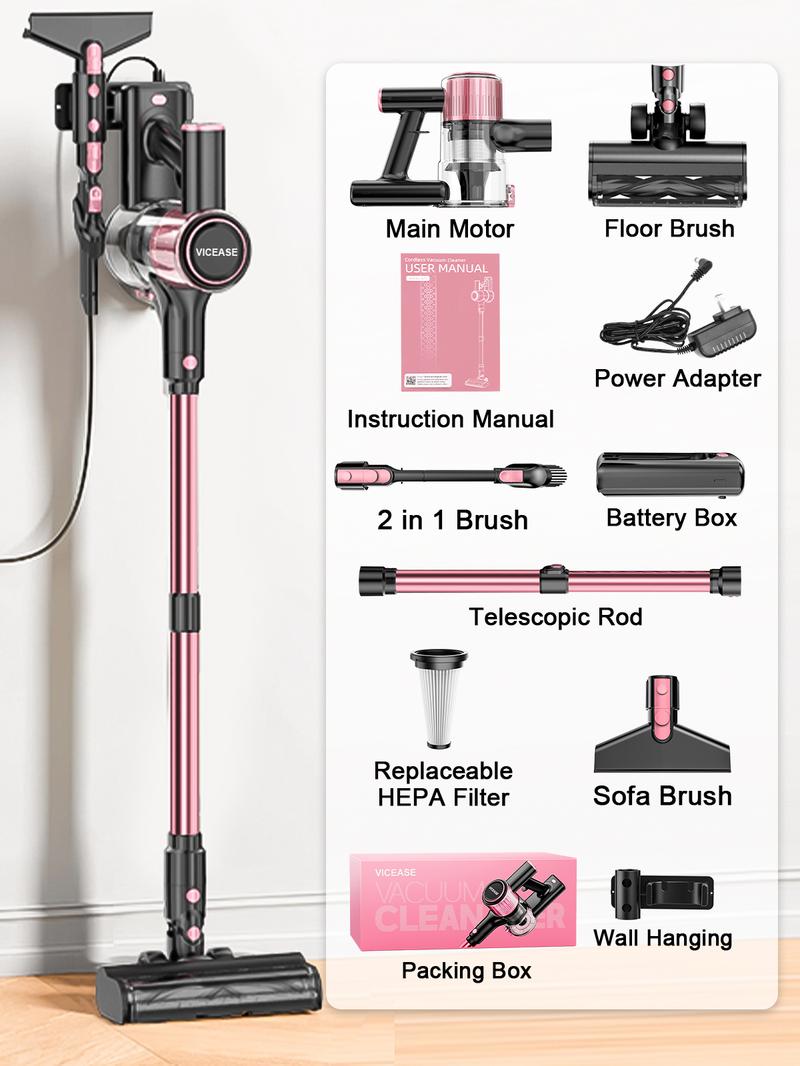 VICEASE Cordless Vacuum Cleaner, 450W 33Kpa, LED Display, Green LED, Anti-Tangle & 1.5L Dust Cup, Gift Box, 8-in-1 Vacuum for Hardwood Floor/Carpet/Pet Hair/Car VICEASE Cordless Vacuum Cleaner, 450W 33Kpa, LED Display, Green LED, Anti-Tangle & 1.5L Dust Cup, Gift Box, 8-in-1 Vacuum for Hardwood Floor/Carpet/Pet Hair/Car