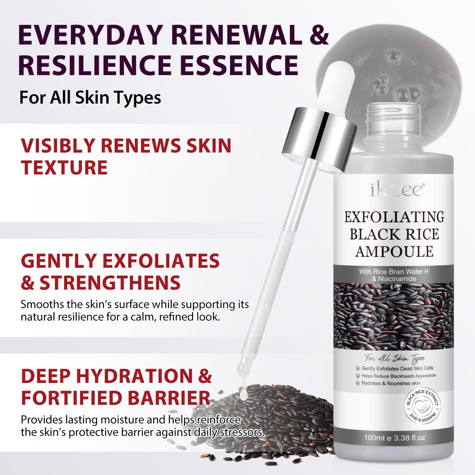 ikzee Fermented Rice Exfoliating Essence: A rice-based exfoliating formula designed to brighten and hydrate the skin. This gentle exfoliator is suitable for all skin types and helps reveal a healthy, radiant glow.