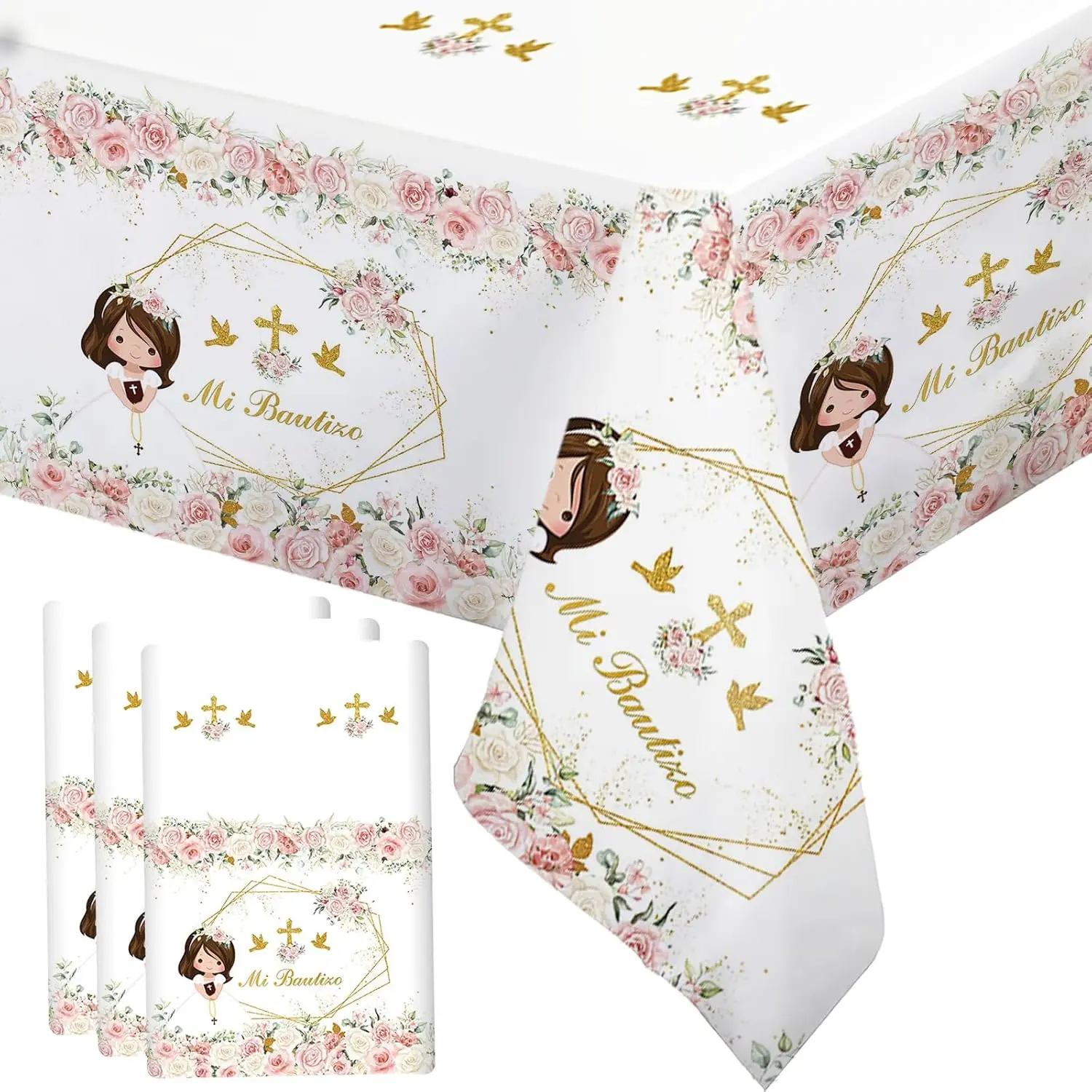 3Pcs Mi Bautizo Tablecloths, Pink First Holy Communion Tablecloths| 108 x 54 Inch Pink Flowers Mi Primera Comunión Party Decorations for Girls, God Bless Baptism Party Table Cover Decor