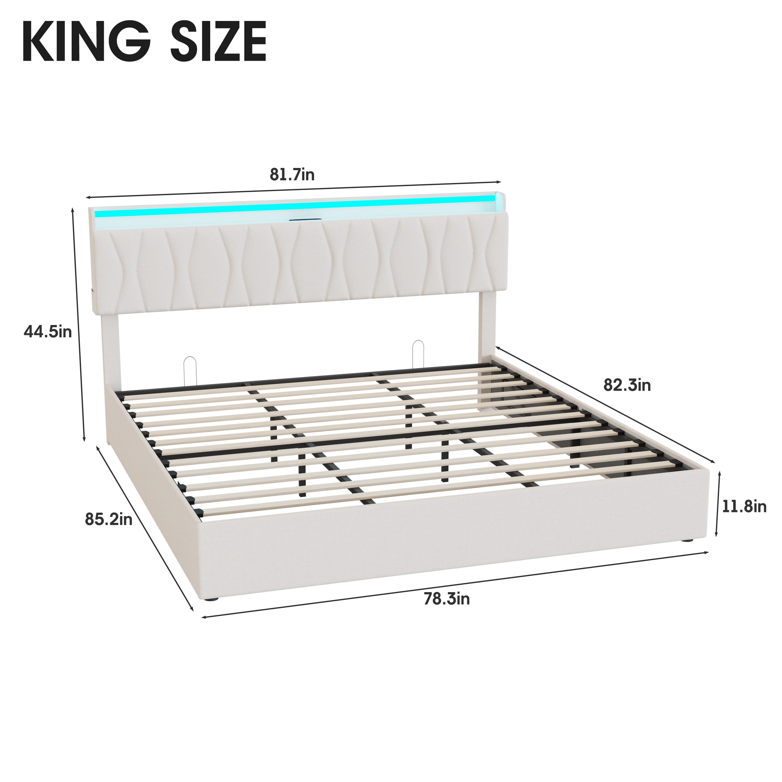 Vabches Lift Up Storage Bed Frame with Adjustable Headboard, Charging Station, LED Lights, Wood Slats, Noise-Free, No Box Spring Needed