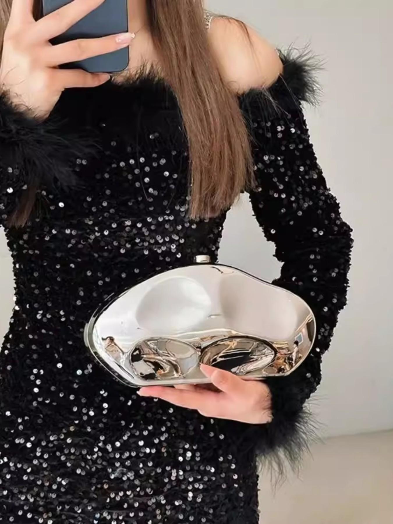 Elegant Acrylic Shoulder Clutch, Cute New Fashion Evening Bag, Luxury Crossbody Bag, Silver Gold Bead Handbag, Small Oval Shiny Handheld Bag, Trendy Chain Multi-Use Bag