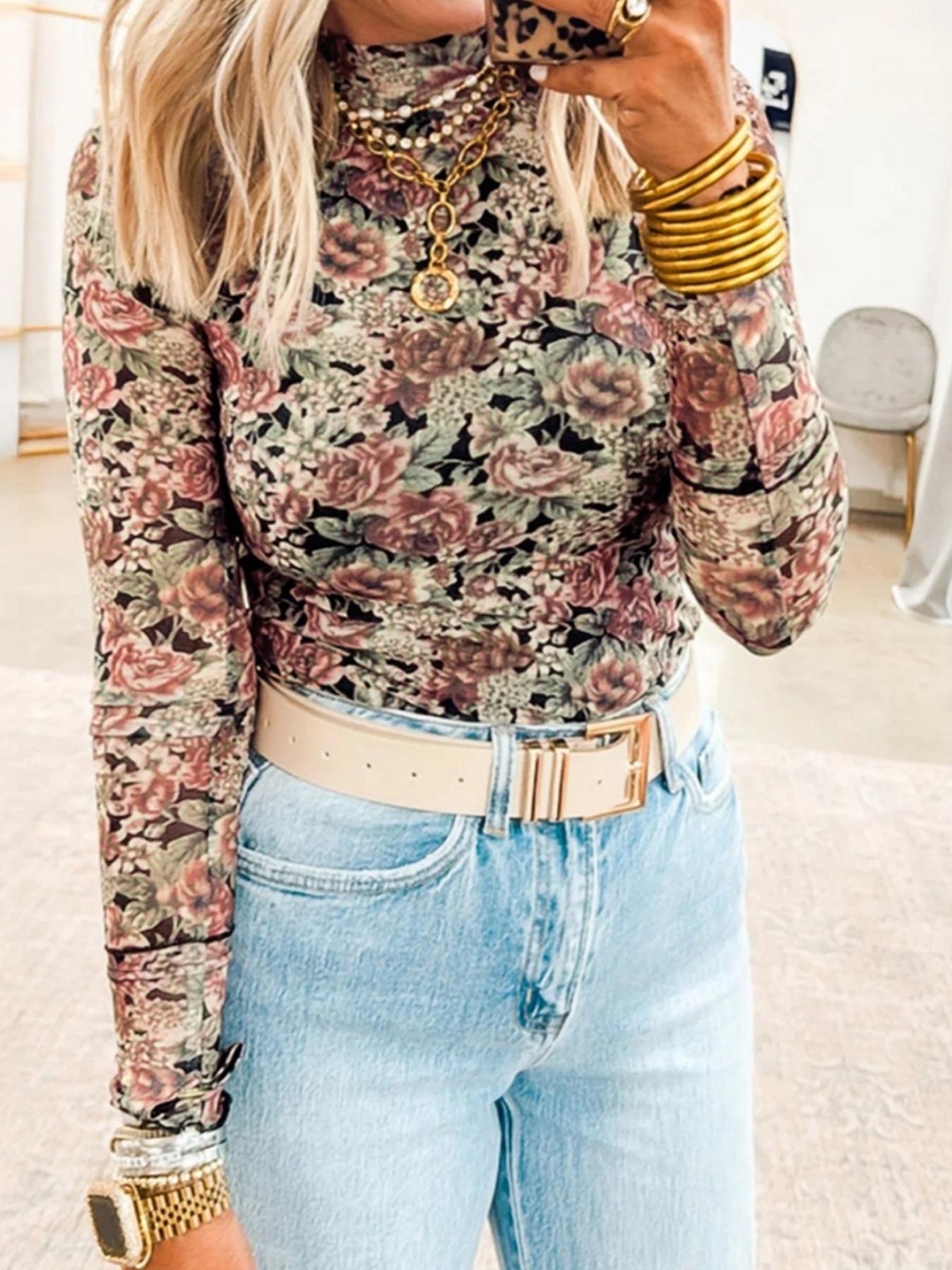 Spring & Fall Fashion Vintage Floral Print Half High Neck Mesh Long Sleeve Fitted Top, Women's Casual Elegant Blouse, Stylish Daily Wear