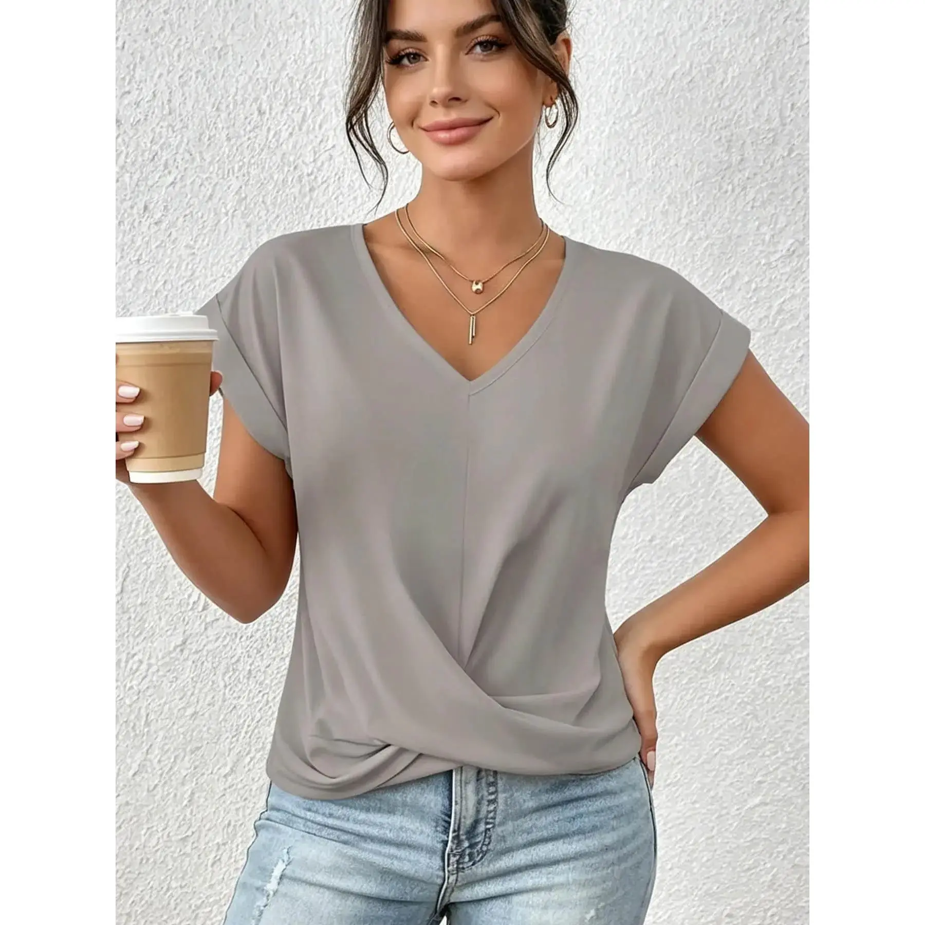 A fashionable basic solid color V-neck elegant Casual short sleeved top for women, suitable for summer, daily commuting, travel, social parties and other occasions.