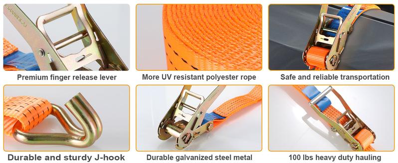 4-Pack 2 in x 27FT Double J-Hook Ratchet Straps with 11,000 lbs Break Strength, Heavy-Duty Truck Tie-Down Straps (Orange/Yellow) Industrial Hardware