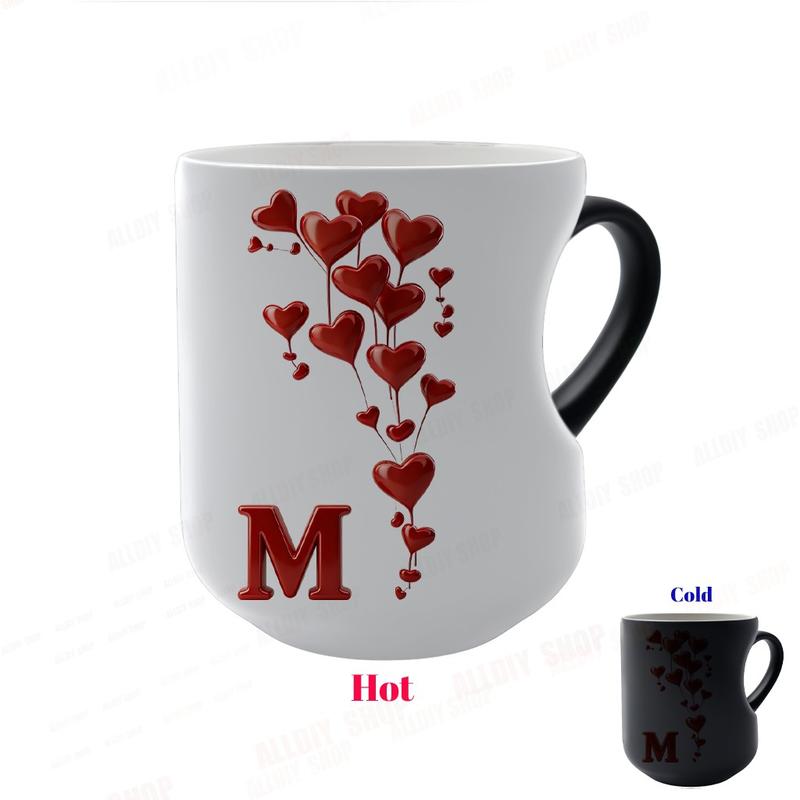 Color Changing Mug A-Z Initial Heart Coffee Cup, Thermosensitive Ceramic Mug with Heart-Shaped Handle, 11 Oz/330 Ml, Valentine's Day Gift