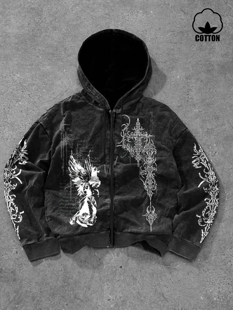 Men's Washed Cotton Hoodie Cardigan, Gothic Print, Casual Long Sleeve Pullover, Fall & Winter Fashion, Comfortable and Stylish