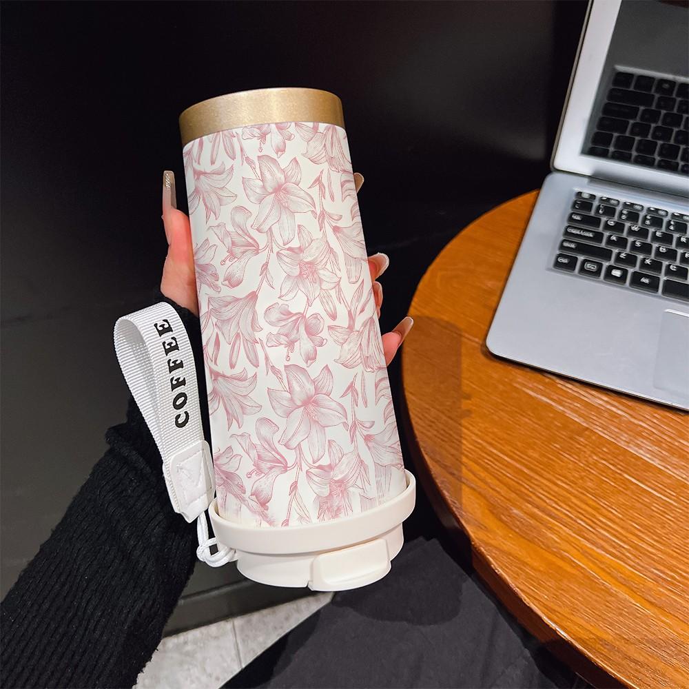 Abstract Summer Floral Coffee Cup, Portable Dual Drink Insulated Tumbler, Keeps Hot/cold, Stylish, Ideal for Office, Travel, Sports, Golf