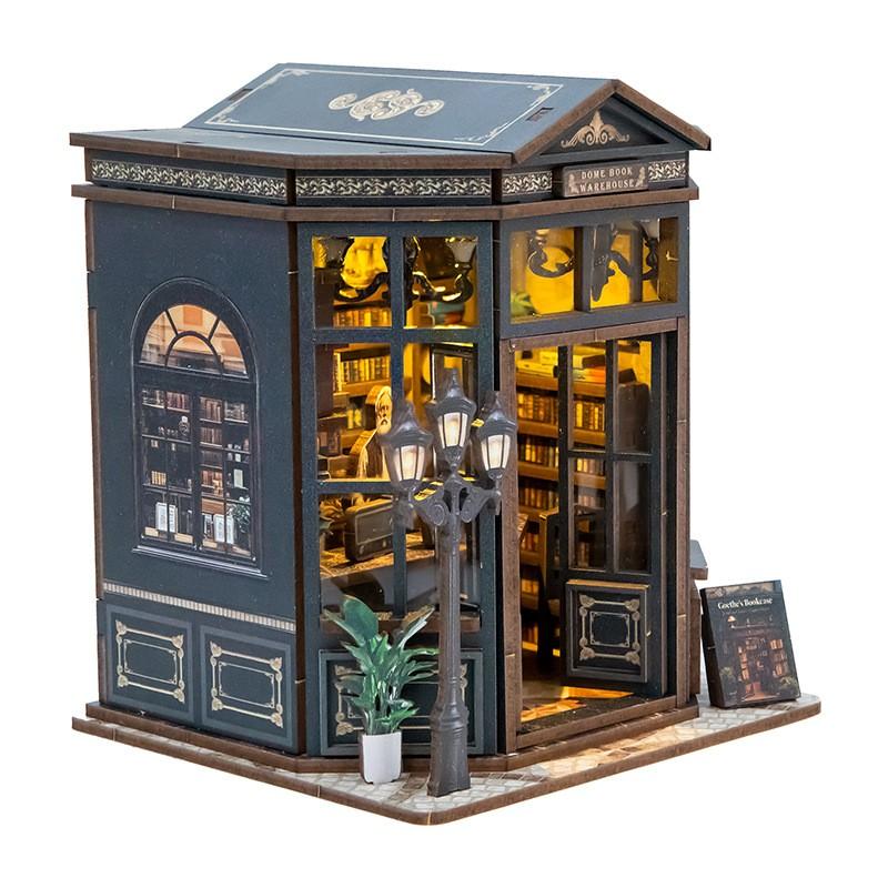 DIY Book Nook Kit, Dome Book Warehouse Miniature Dollhouse Bookstand with LED Light, 3D Wooden Puzzle Bookshelf Insert, Vintage Home Decor, Ideal Creative Gift for Adults & Teens