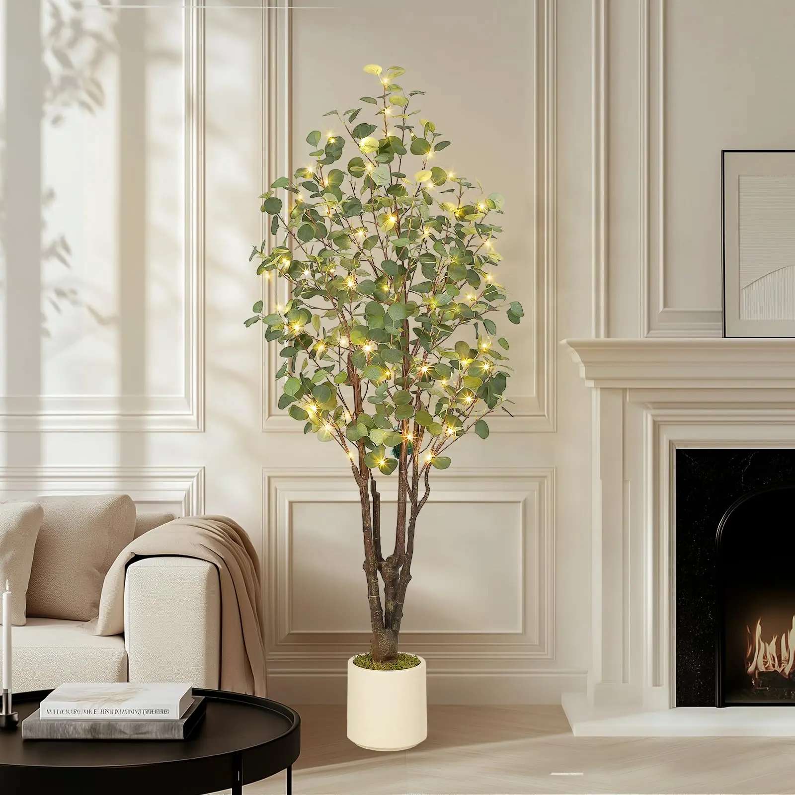 LED Lighted Eucalyptus Tree, 5FT/6FT Multi-Stem Faux Greenery with Warm Lights – Artificial Eucalyptus for Home and Event Decor