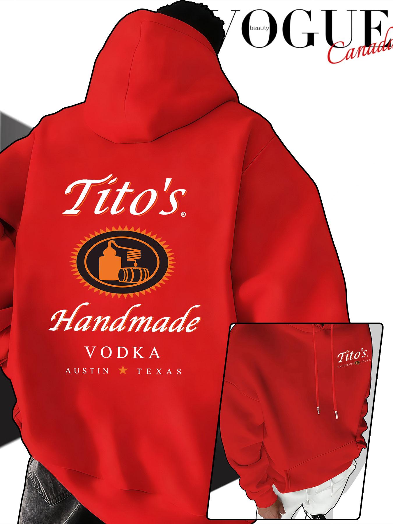 Men's Hooded Sweatshirt Fall & Winter, Tito's Handmade Vodka Print, American Vintage Loose Fit, Couples' Drop Shoulder Pullover