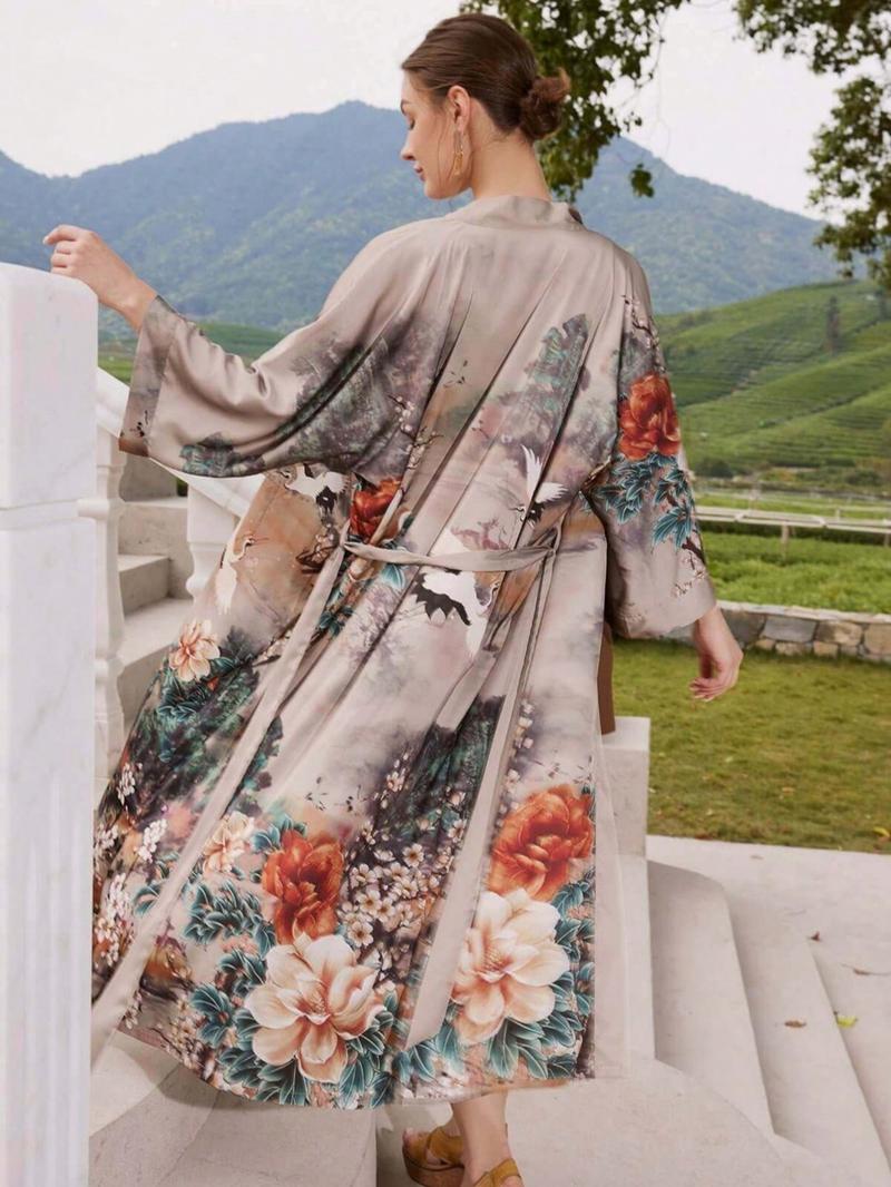 Boho Ethnic Style Crane Floral Print Long Sleeve Kimono Cardigan, Women's Elegant Casual Beach Cover-Up Jacket, Thin Windbreaker Robe Dress