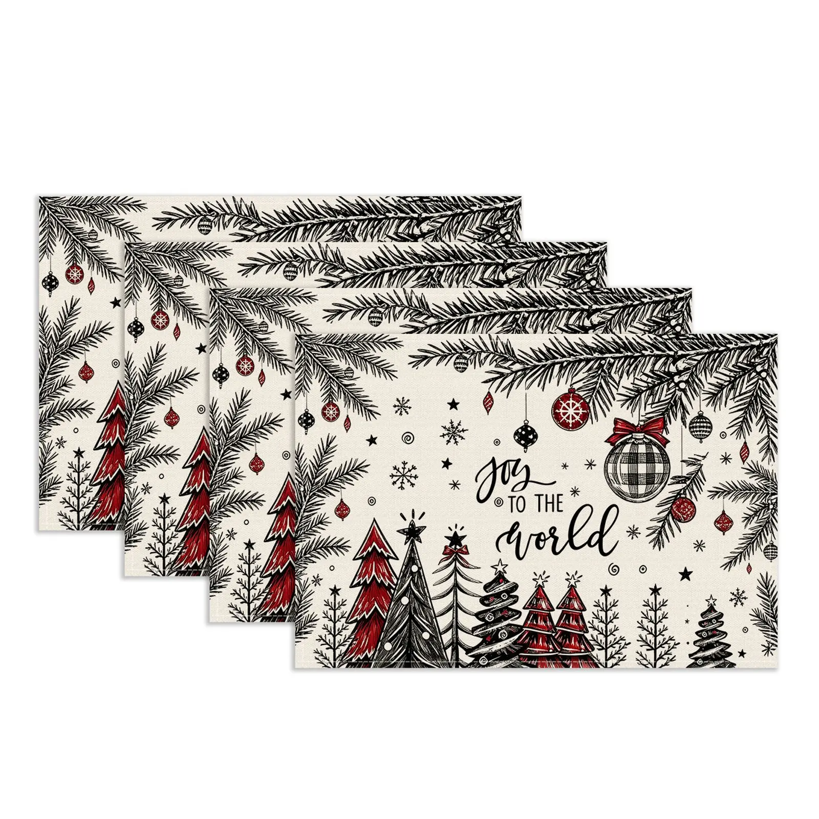 4/5/6/7Pcs Christmas Table Runner & Placemats Set, Xmas Tree Fir Branches Ornament Balls Printed Heat‑Resistant Tableware Mats, Indoor & Outdoor Festive Ritual Dining Table Decor for Christmas Party Family Gathering Holiday Banquet Decoration Supplies