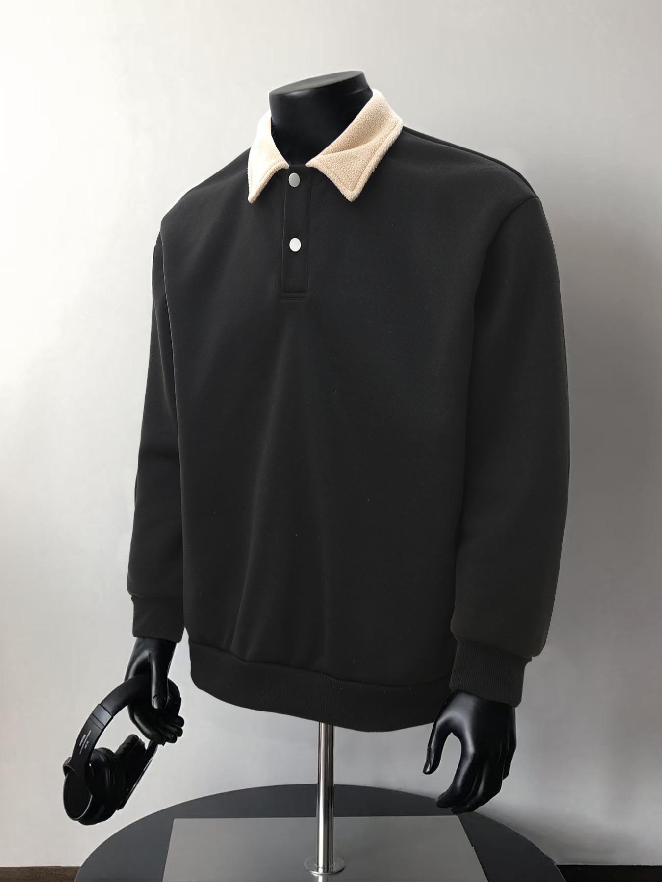 Men's Y2K Autumn Winter Thickened Retro British Style Aesthetic Lamb Wool Collar Polo Shirt, Unisex Casual Fashion, All Seasons Wear