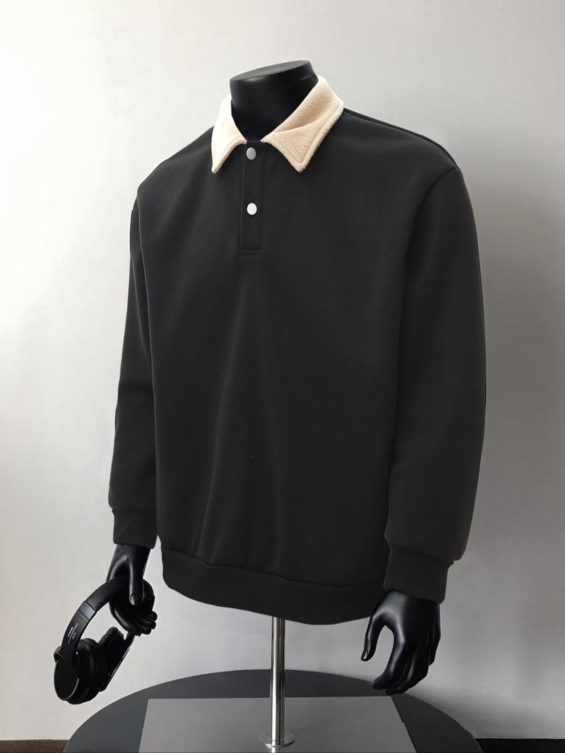 Men's Y2K Autumn Winter Thickened Retro British Style Aesthetic Lamb Wool Collar Polo Shirt, Unisex Casual Fashion, All Seasons Wear