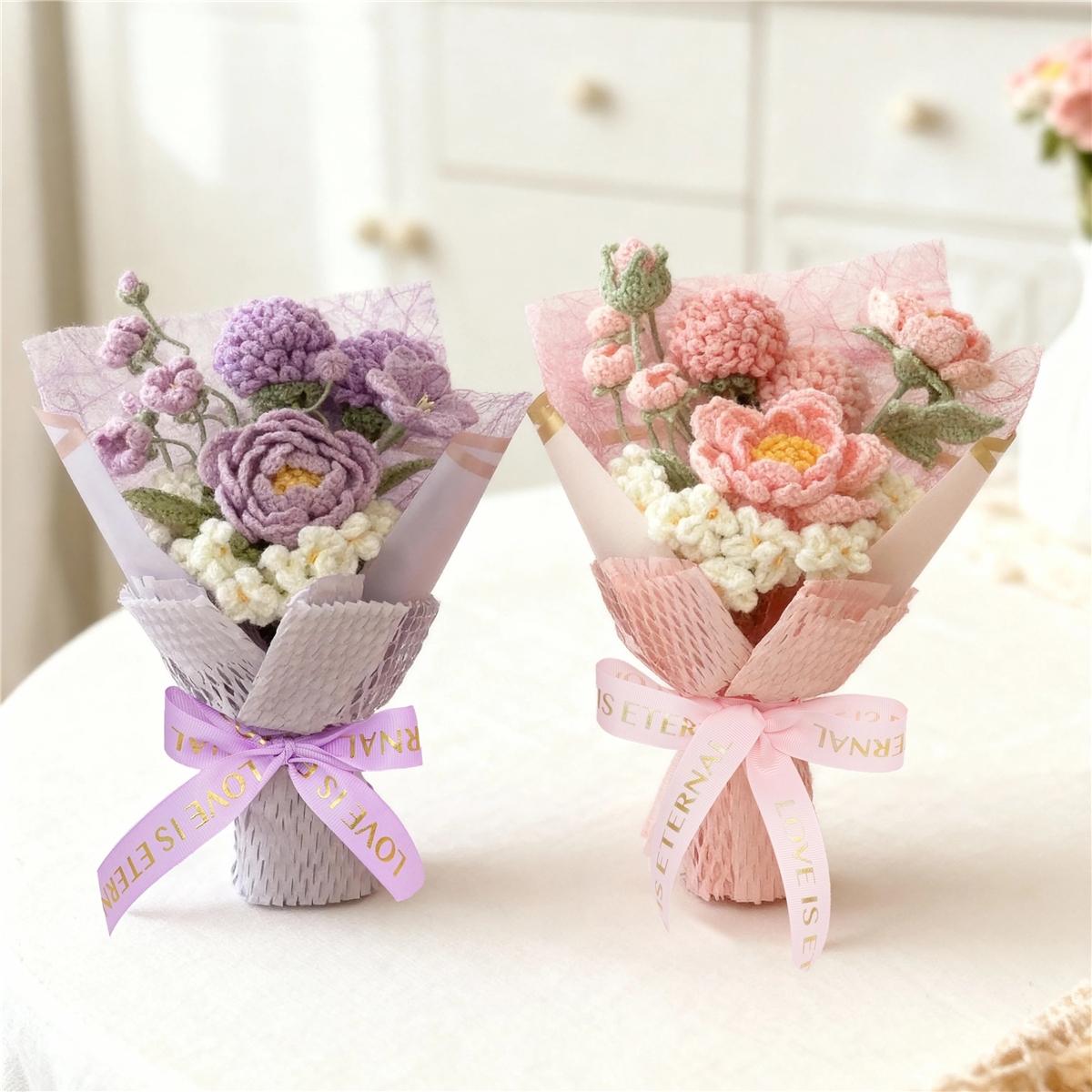 Handmade Knitted Flower Bouquet, Artificial Peony Fake Flowers, Mother's Day Valentine's Christmas Birthday Gift, Wedding Decoration, Artificial Mixed Flower