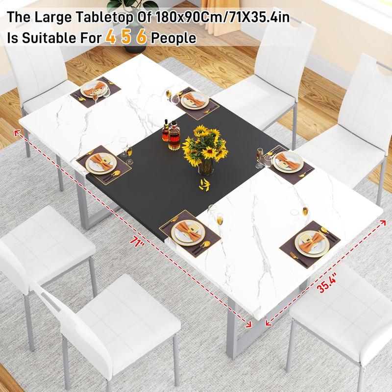 70IN Large Dining Table for 4 5 6 People,White Kitchen Dinner Table W/Marble-Color Wood Waterpoof Tabletop,Rectangular Family 6FT Dining Tables w/Adjustable Leg for Office Home Living Dining Room