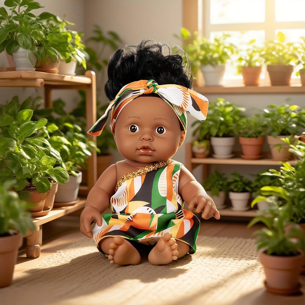 Baby Doll, 12 inch American African Girl Doll with Dress, Realistic Reborn for Kids Aged 2 3 4 5 6, Silicone Small Toy Curly Hair Birthday Gift,