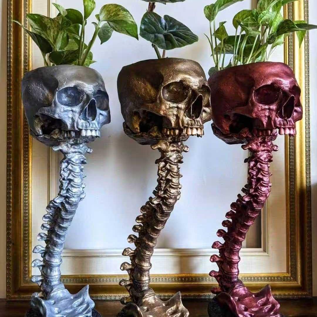 Human Skeleton Skull Planter & Spine Stand, Gothic Flower Pot, Halloween Home Decoration, Unique Decorative Item for Festive Settings