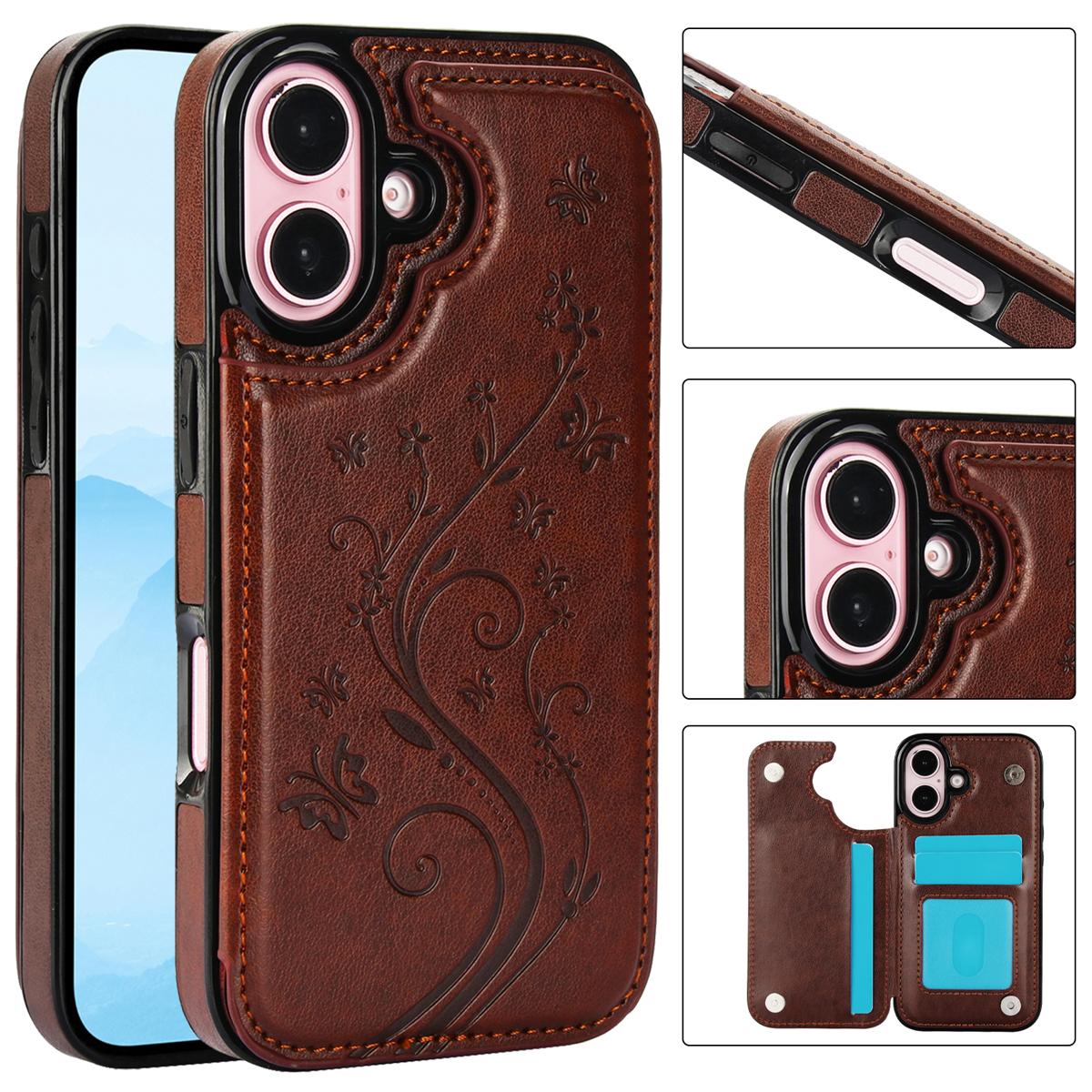 HISTORYOO Card Phone Case For iPhone 17 Pro Max Air 17 16 15 14 13 12 11 Pro Max 16 15 14 Plus/Pro Magnetic Clasp PU-Leather Wallet Card Holder Slot Stand Butterfly Flower Pattern Durable Shockproof Soft TPU Back Cover Rubber Case Autumn Winter Retro Gift