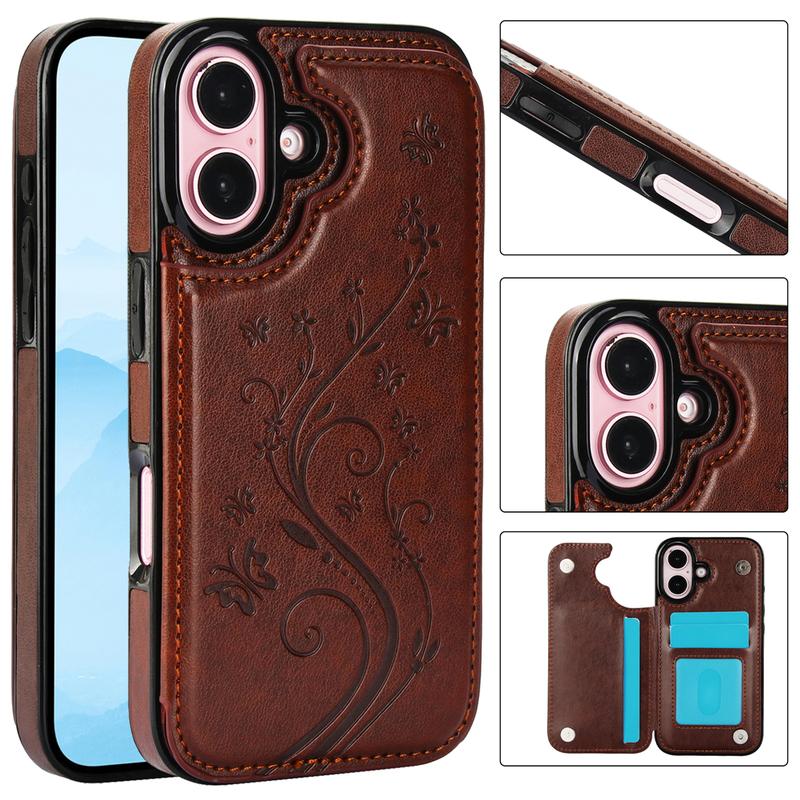 HISTORYOO Card Phone Case For iPhone 17 Pro Max Air 17 16 15 14 13 12 11 Pro Max 16 15 14 Plus/Pro Magnetic Clasp PU-Leather Wallet Card Holder Slot Stand Butterfly Flower Pattern Durable Shockproof Soft TPU Back Cover Rubber Case Autumn Winter Retro Gift