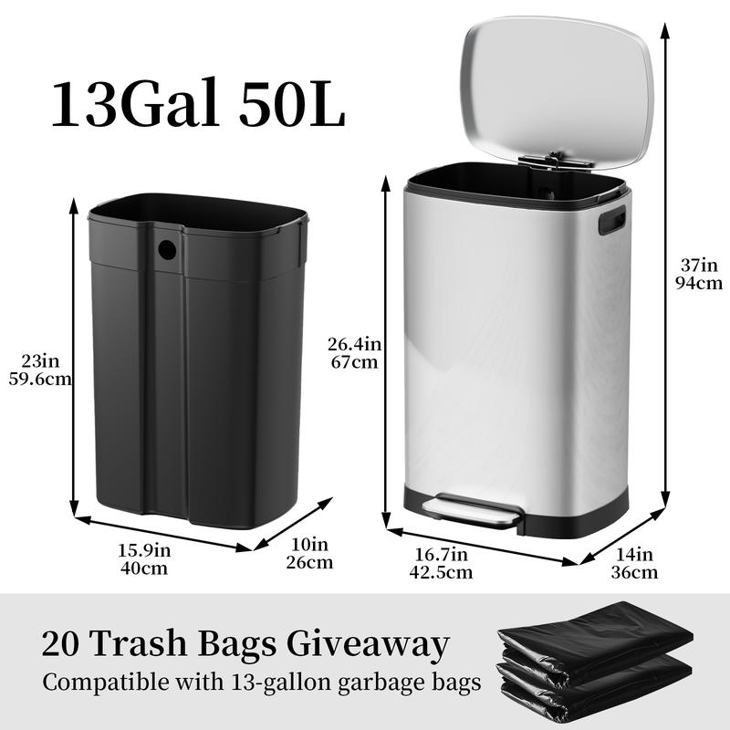 KSSKSS Tall Kitchen Trash Can 13 Gallon 50L Step Garbage Bin with Lid Stainless Steel Removable Inner Bucket Soft Close Ideal for Home Office