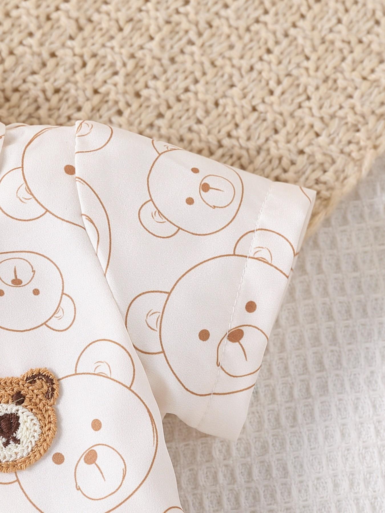 Baby Boy Bear Print Short Sleeve Shirt with Bow Shorts Set, Cute Gentleman Style Summer Comfort Two-Piece, Kids Fashion Clothing