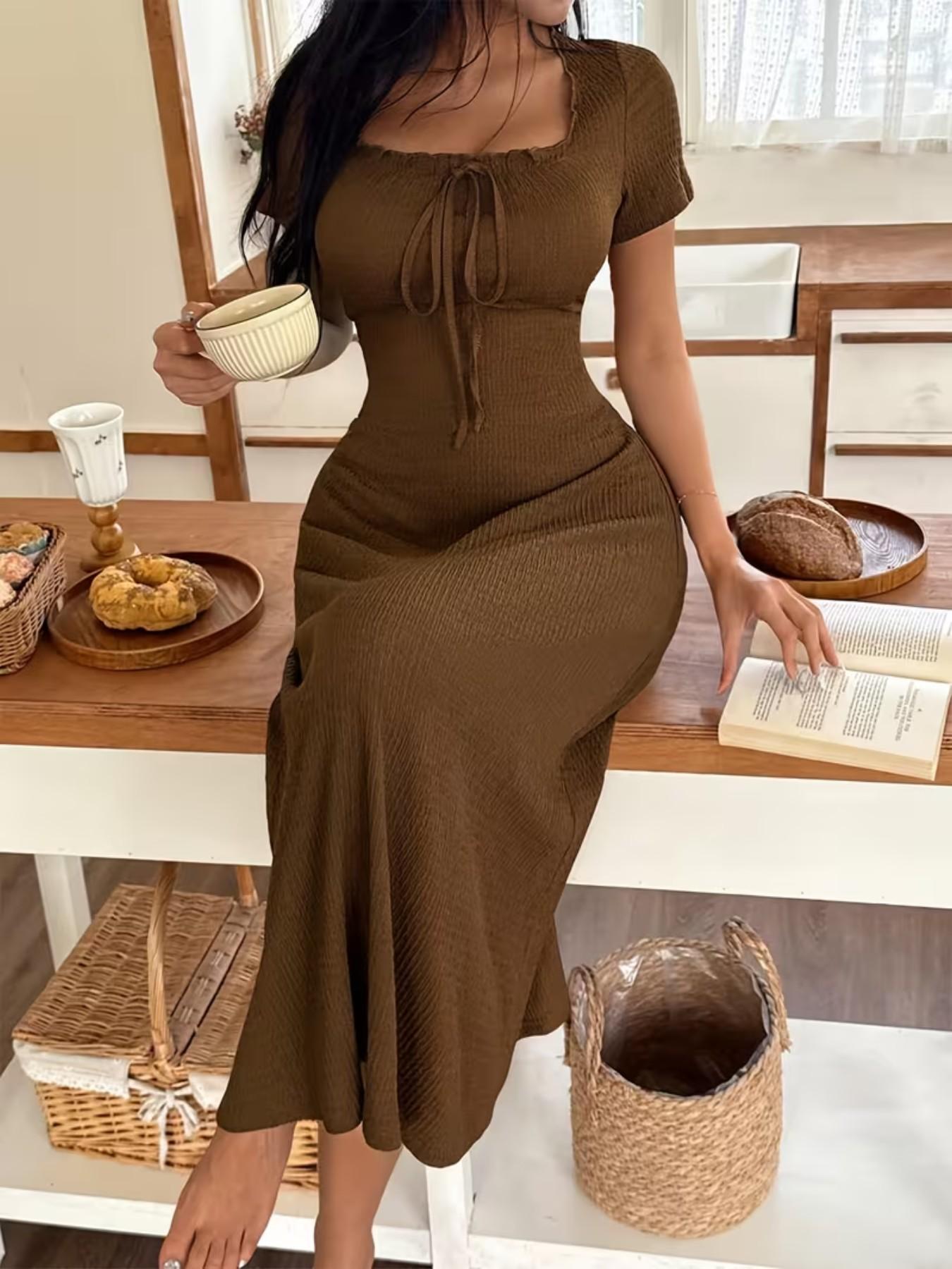 Women's Casual Long Dress Ruched, Slim Fit Short Sleeves Plain Design Basic, Perfect for Daily Wear & Stylish, Ideal Gift Choice Womenswear