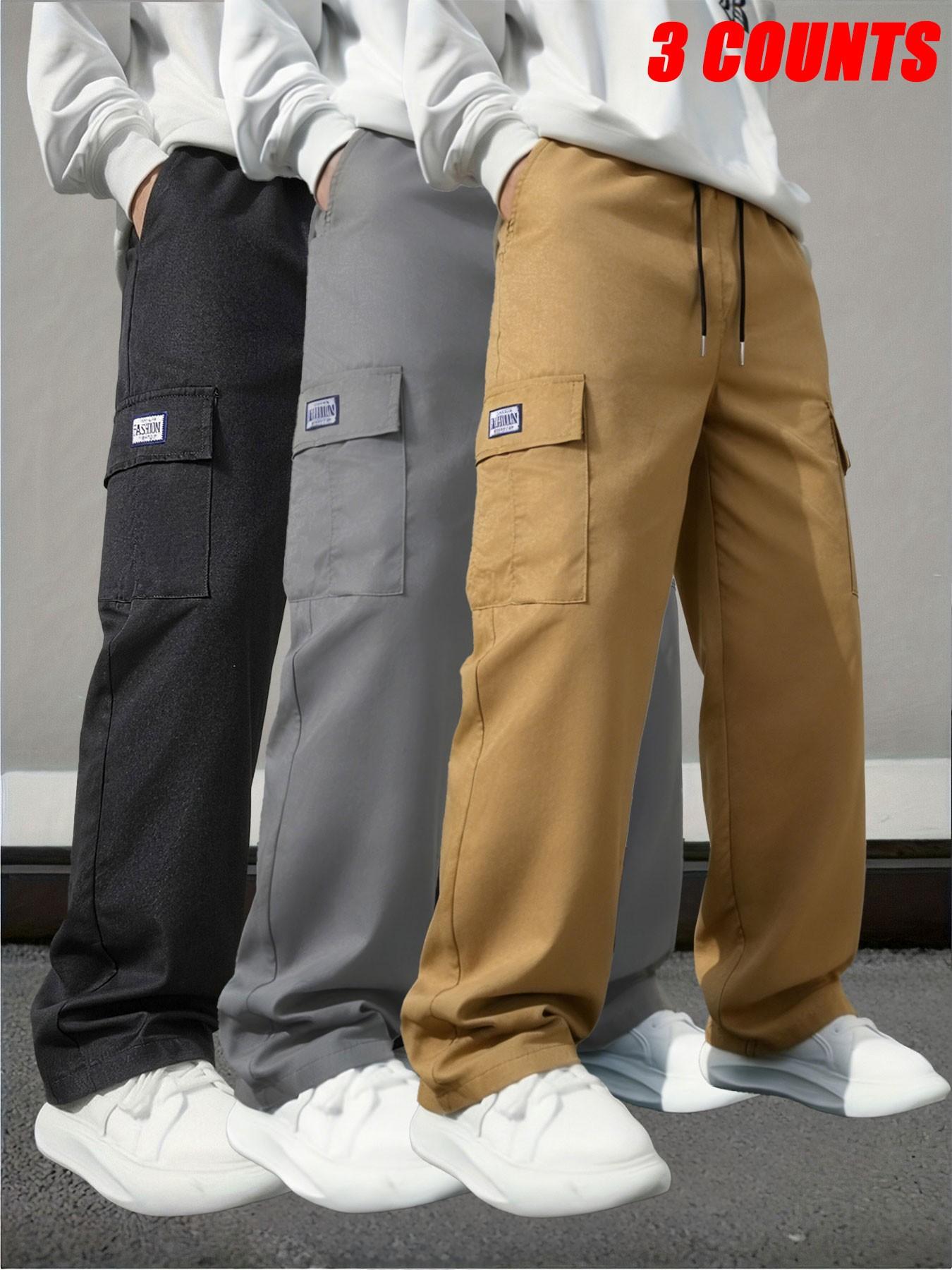 Men's Work Pants 3-Pack, Casual Tie-Waist Loose Fit Straight Leg, Multiple Pockets, Breathable Lightweight Streetwear, //