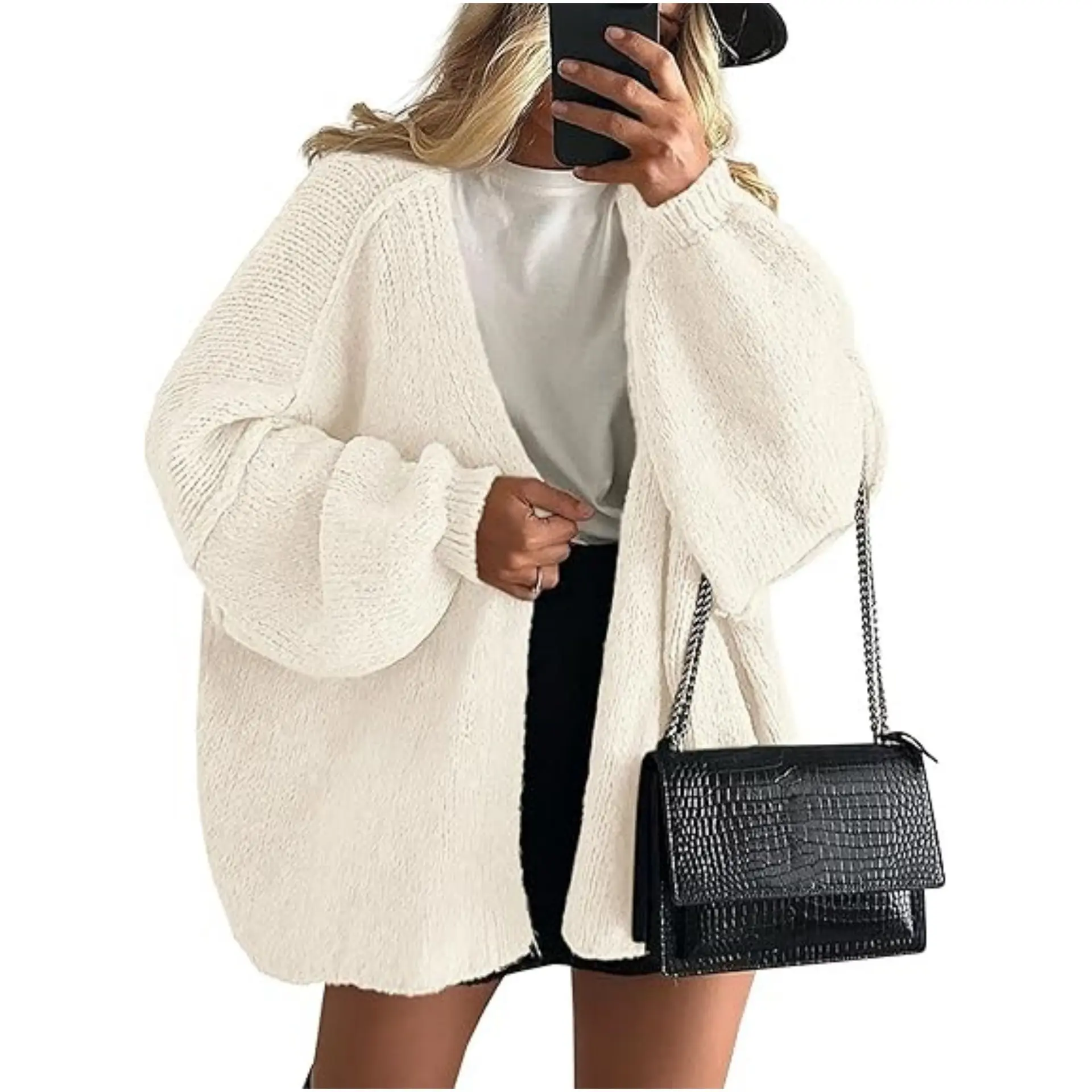Women's Chic Fashion Oversized Balloon Sleeve Open Front Knit Cardigan, Fall Lightweight Fabric Long Sleeve Tops