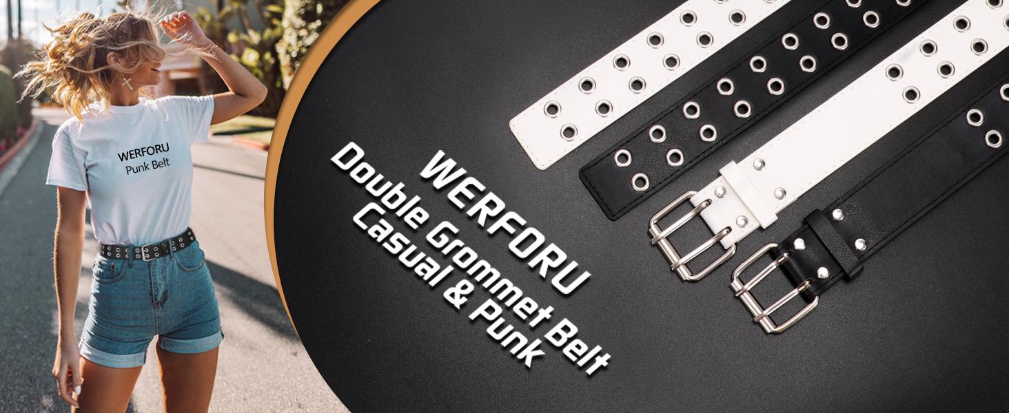 JASGOOD Double Grommet Belt PU Leather Punk Belt 2 Hole Belts 1.5 Wide for Women Men Jeans