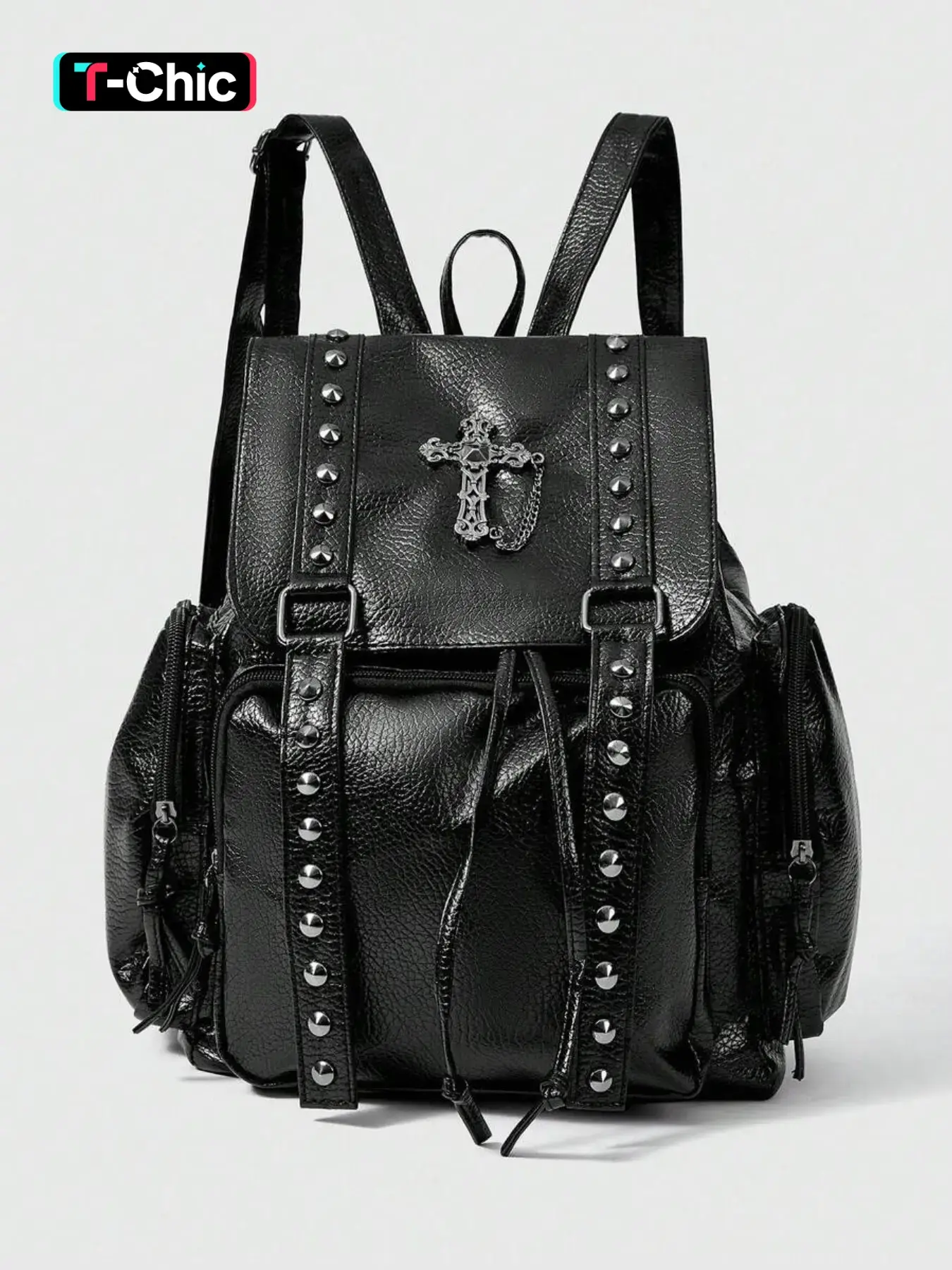 Black punk drawstring flip backpack, retro gothic style women's cross rivet backpack, multi pocket large capacity, suitable for campus, daily travel, streetwear Y2K dark fashion matching Aesthetic Backpack
