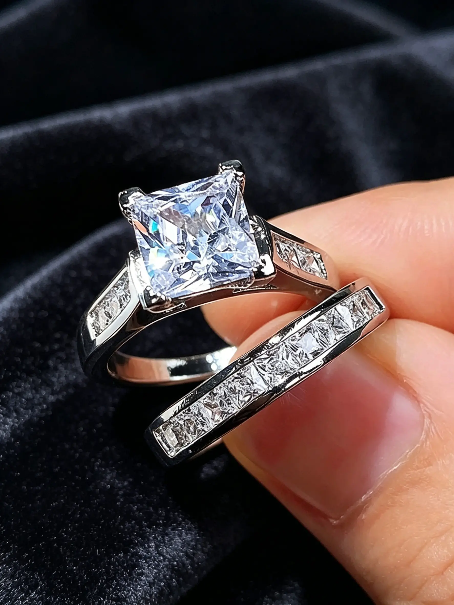 2pcs Princess Cut Cubic Zirconia Couple Ring Set 2Pcs, Elegant Fashion Rings Silver Engagement Bridal Ring Set, Stackable Wedding Band, Hypoallergenic Sparkling Promise Jewelry, Ideal For Proposal Wedding Anniversary Daily Wear, Gift For Lovers