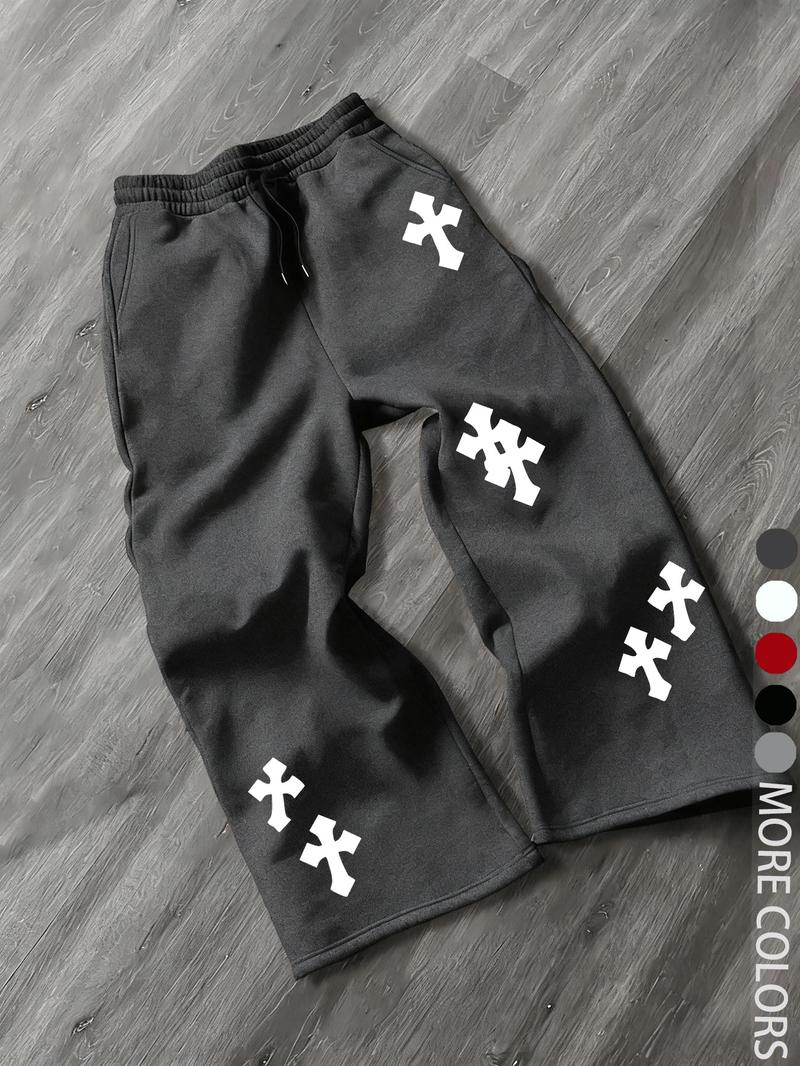 Men's Casual Street Style Cross Print Jogger Pants, Loose Fit Woven Fabric, Fall & Winter Fashion, Trendy for Men