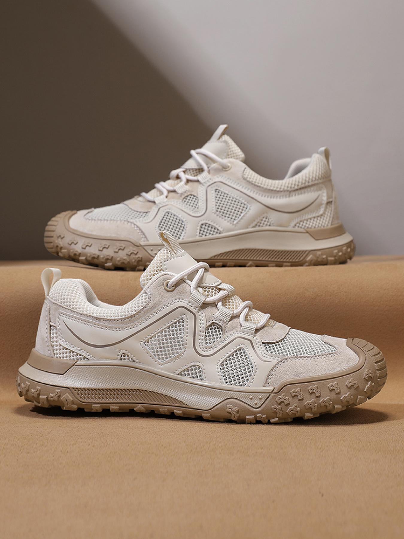 Men's Solid Color Mesh Breathable Outdoor Hiking Shoes Drawstring Toe Cap Trekking Shoes Non-Slip Wear-Resistant Casual Sneakers