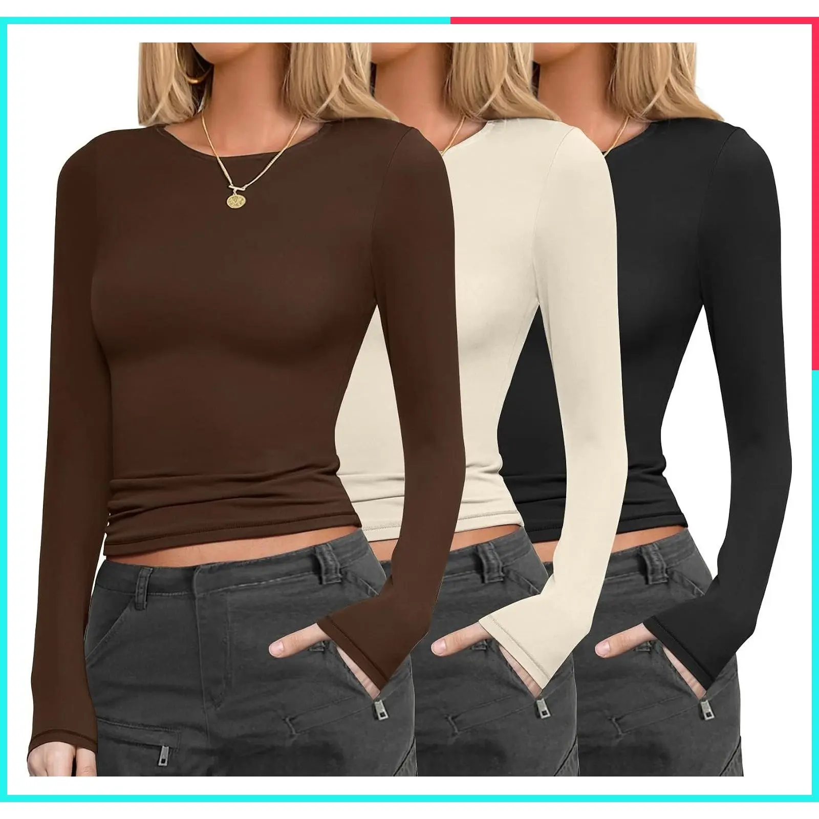 Women's 3 Pack Fitted Long Sleeve Shirts - Underscrub, Undershirt, Stretchy Basic Layer Tops for Gym and Going Out, XS-XXL