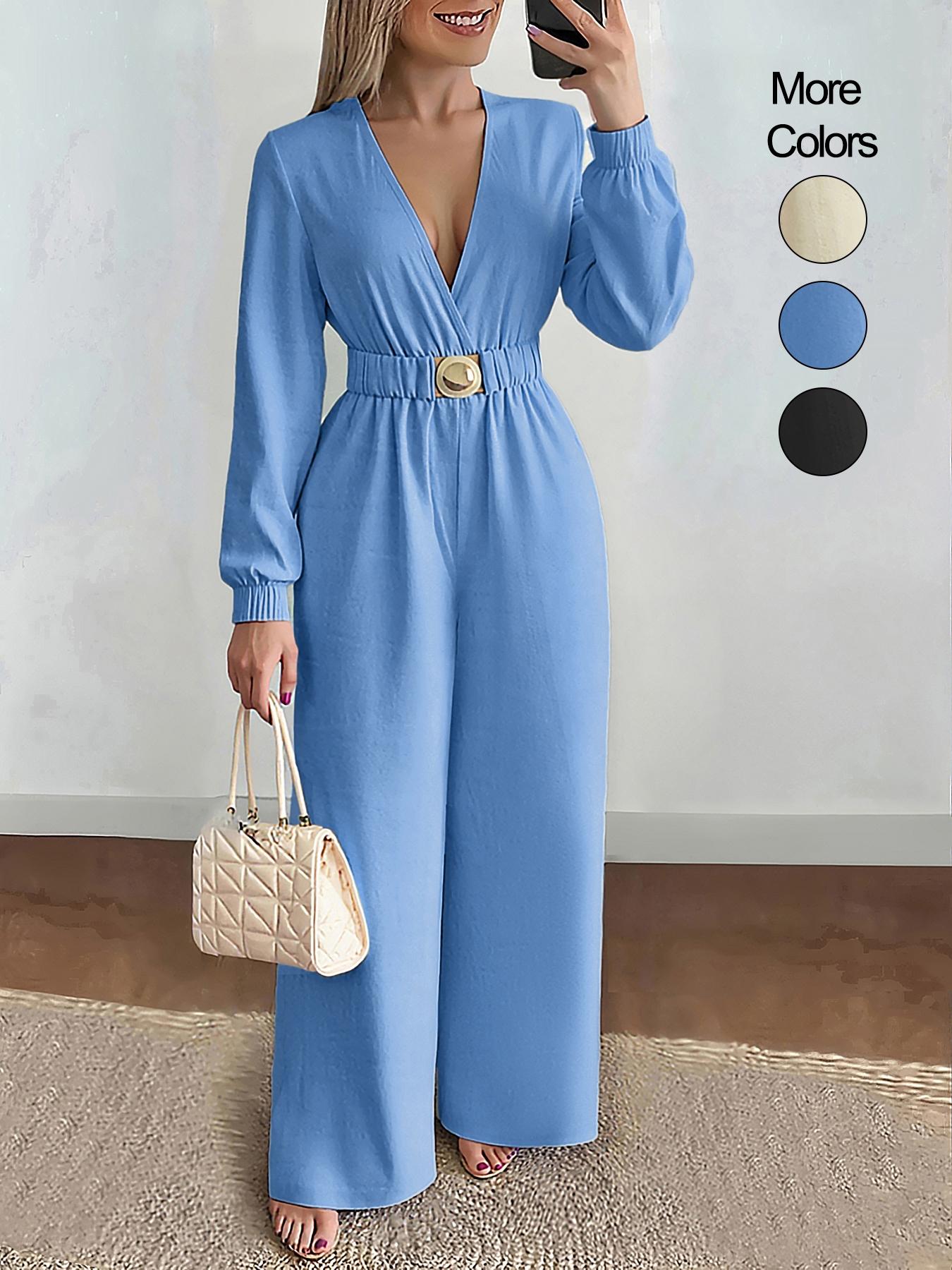 Women's Long Sleeve V Neck Sexy Feminine Solid Color Woven Elastic Waist Wide Leg Jumpsuit, Casual Loose Fit Summer, Comfortable & Stylish