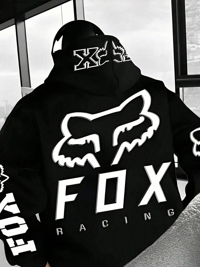 1 Piece Men‘s Fox Racing Graphic Hoodie, Bold Red and White Logo Print, Streetwear Style for Casual Daily Wear and Outdoor