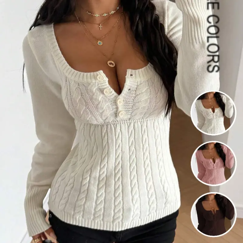 Women's Elegant Casual Square Neck Knit Sweater, Long Sleeve Button Front, Slim Fit, Soft and Comfortable, Fall & Winter Top