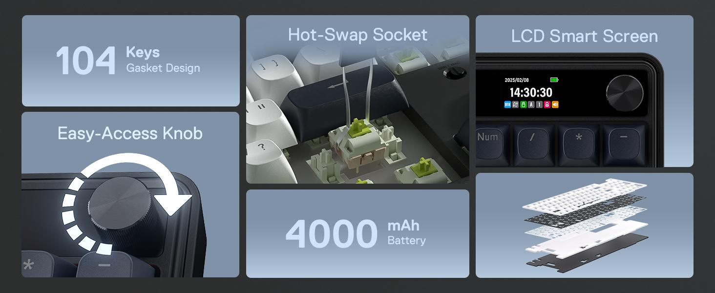 Redragon K761 Wireless Gasket Gaming Keyboard w/Hype Screen & Knob, 104 Keys Mechanical Keyboard, Easy-Control 1.14’’ TFT Info Display, 5-Layer Noise Dampening, Custom Linear Switch, Abyssal Blue