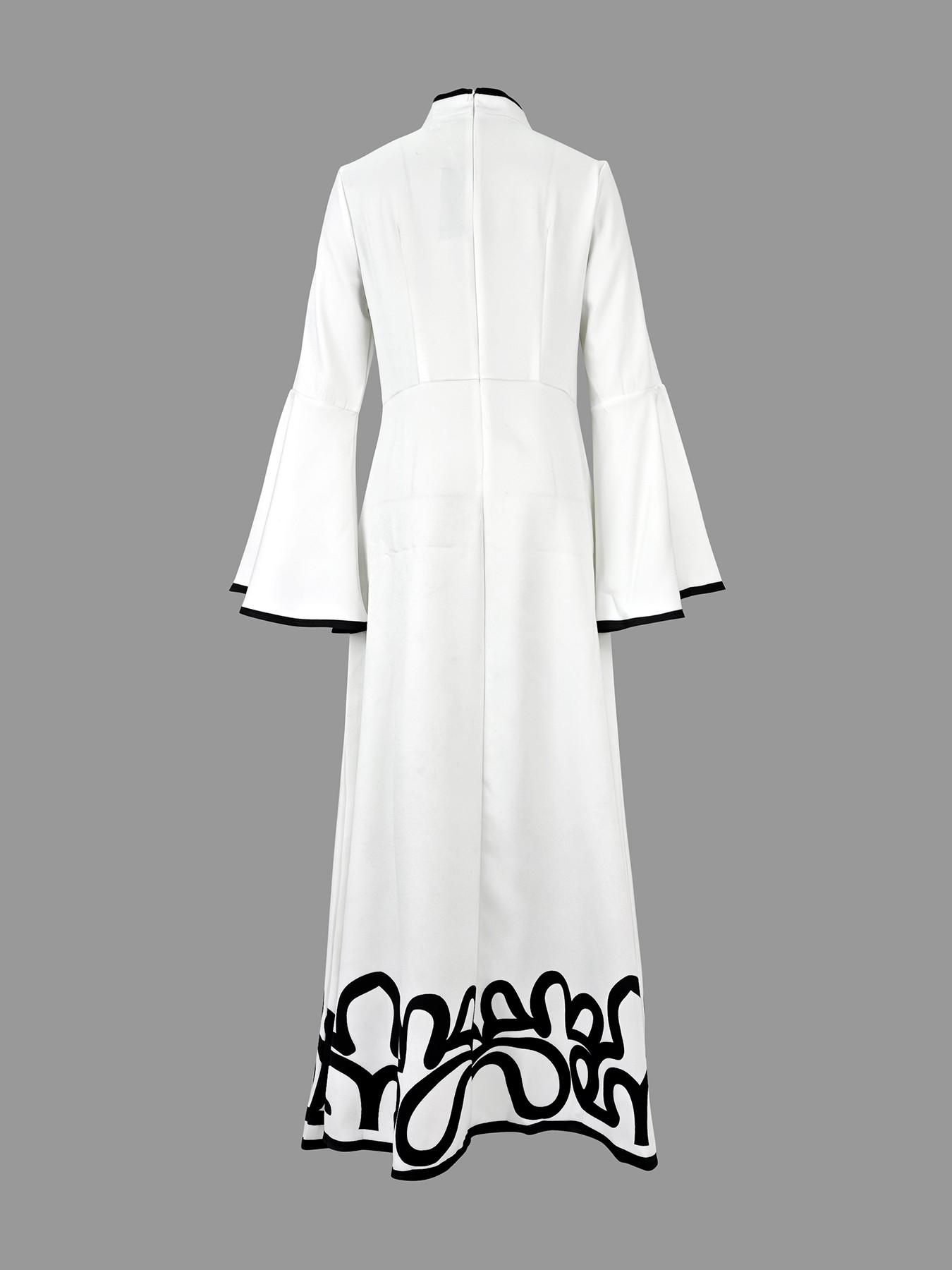 Women's A-Line Flare Sleeve Abstract Print Colorblock Cut-Out Patchwork Stand Collar Long Dress, Elegant Casual Fashion