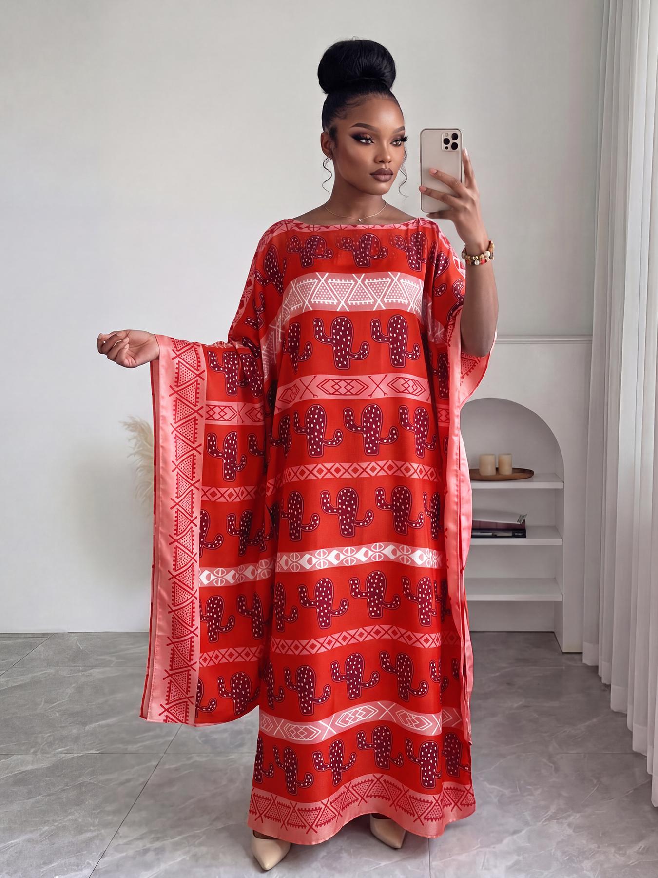 Elegant Fashion Full-Print Robe Set, Moo Moo Printed Loose Long Dress with Scarf, Shawl, Women's Beach Sun Protection Casual Outfit