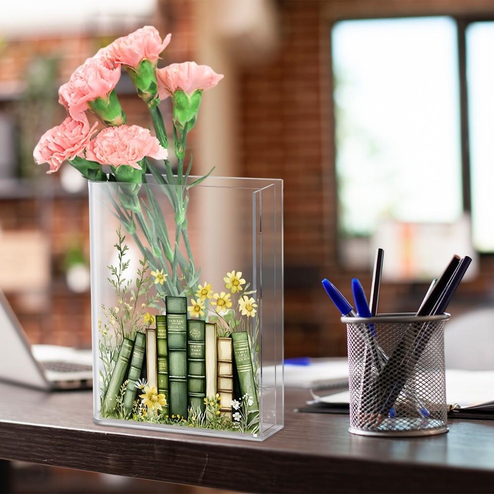 Acrylic Book-Shaped Vase, Transparent Material, Hand-Drawn Shelf Design, Elegant Home Decor, Perfect for Teacher's Day, Birthday, Christmas